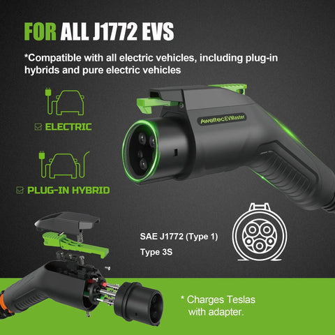Connector of Level 2 Portable EV Charger 16A 240V With NEMA 6-20 Plug, J1772 compatible for electric and hybrid cars.