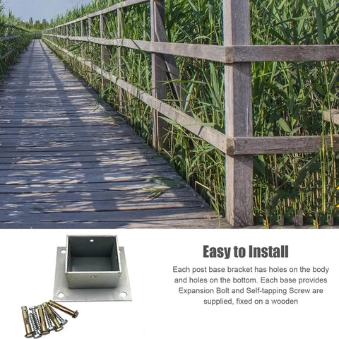Heavy Duty Stainless Steel Fence Post Anchor Base And Pergola Support Bracket 2 Pack with installation screws on wooden deck.