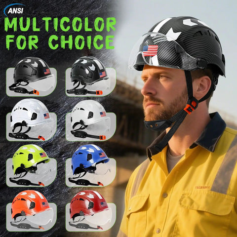 Heavy Duty Vented Safety Helmet With Clear Face Shield, ANSI Compliant Hard Hat For Job Sites, Tough As Nails Ratchet Suspension And Matte Black Finish, Rock Solid Build For Hardworking Crews in various colors.