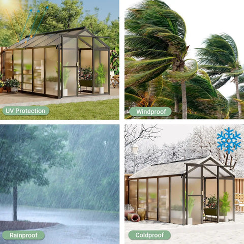 6x10 Ft Outdoor Greenhouse With Polycarbonate Panels Roof Vent Ground Nails Lockable Walk In Door Aluminum Frame Black Backyard Garden House For Patio Lawn And Garden Weather Resistant And Easy Access