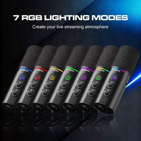 Dynamic USB XLR Podcast Microphone For Streaming And Recording with 7 RGB lighting modes and mute button shown in black