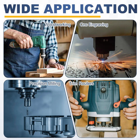 Wide application of 2Pcs 8mm Carbon Steel Router Collet Reduction Sleeve Adapter With M15 Nuts for woodworking, CNC engraving, and milling.