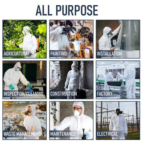Collage of various professionals wearing Disposable Hazmat Suit 10 Pack With Hood Heavy Duty Breathable Coverall for diverse tasks.