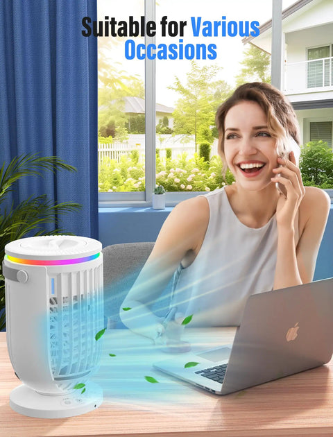 Woman using Personal Mini Air Conditioner Fan With 1200ml Water Tank 4 In 1 Evaporative Cooler 2 Modes 3 Speeds Night Lights Portable AC