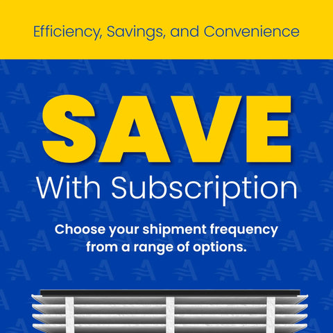 Promotional graphic for filter subscription service with 410 Replacement Filter For Whole House Air Purifiers MERV 11 text