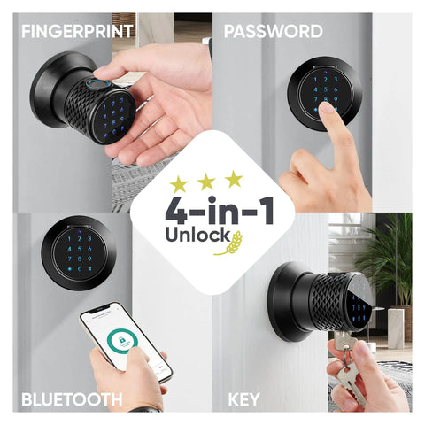 Smart Door Lock With Fingerprint And Keyless Entry, Touchscreen, Bluetooth App Control, And 4 In 1 Access Fingerprint, PIN, App, And Mechanical Key, Auto Relock, Easy Install, Ideal For Airbnb, Homes, Apartments, Hotels And Offices Black B400 showing fingerprint, PIN, app, and key functions