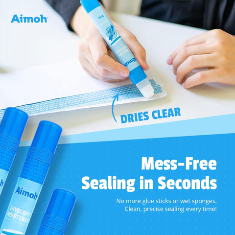 Quick Drying Envelope Moistener And Sealer With Ultra Fast Adhesive Glue For Letters And Mail Perfect For Home Office Ditch The Lick And Slap It On Dries Crystal Clear In Minutes 4 Pack in use with a hand applying adhesive on an envelope.