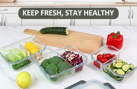 Glass Meal Prep Containers Set With Two Compartments 36 Oz Each Premium Borosilicate Glass Upgraded Snap Lock Lids shown with fresh vegetables