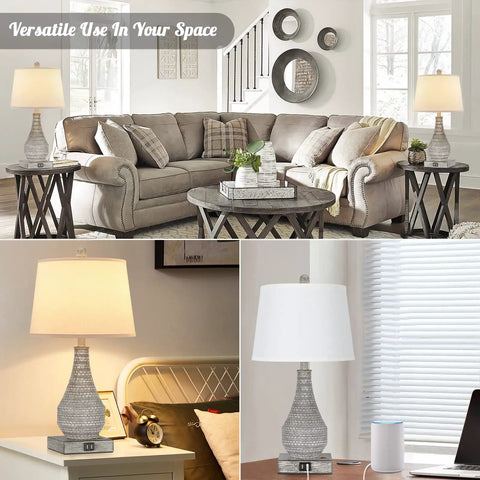 Two Rustic Vase Table Lamps for Bedroom and Living Room, displayed in cozy modern farmhouse setting with touch control and USB ports.
