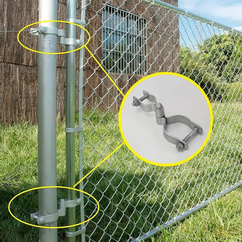 Two Pack Galvanized Steel Chain Link Fence Gate Hinge Kit For 1-3/8 Inch Gate Frames And 2-3/8 Inch Posts installed on fence