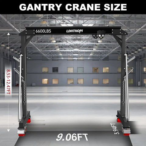 Beefy 3 Ton Gantry Crane With Adjustable 8.53 To 12.47 Ft Height 6600 Lbs Capacity Manual Trolley Hook And Shackles Ideal For Warehouse Shop Auto Repair And Construction Sites shown in a warehouse with dimensions labeled.