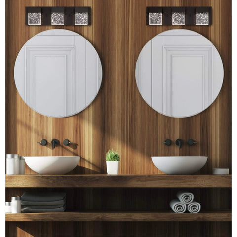 Bathroom with wood paneling, round mirrors, and a brushed nickel one light outdoor wall lantern with bubble glass cube
