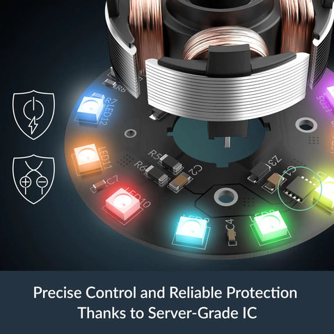 Detailed view of Top Shelf 120 Millimeter Pwm Pc Case Fans three pack showing LED indicators and server-grade IC components.