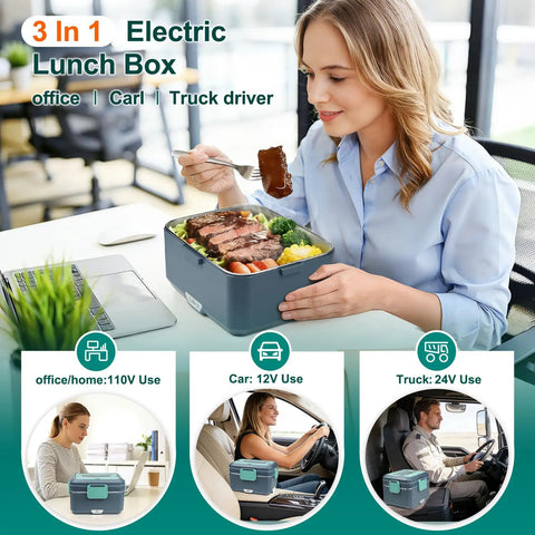 Woman using Electric Lunch Box For Adults, 100W 3.5L Two-Layer Heated Food Warmer With 304 Stainless Steel, 3-In-1 Fast Heating, Grey