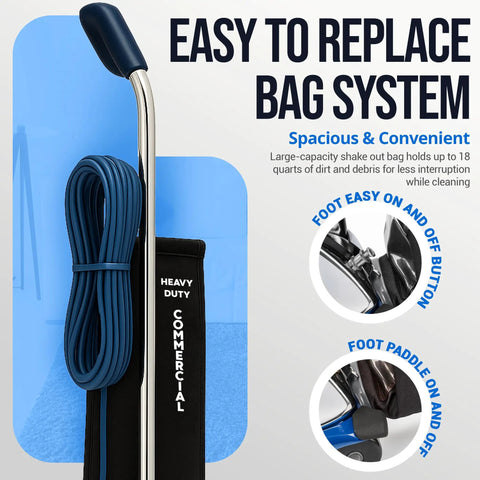 Heavy Duty 12 Inch Commercial Vacuum Cleaner With Shake Out Bag For Carpets And Hard Floors features easy to replace bag system and foot pedal.