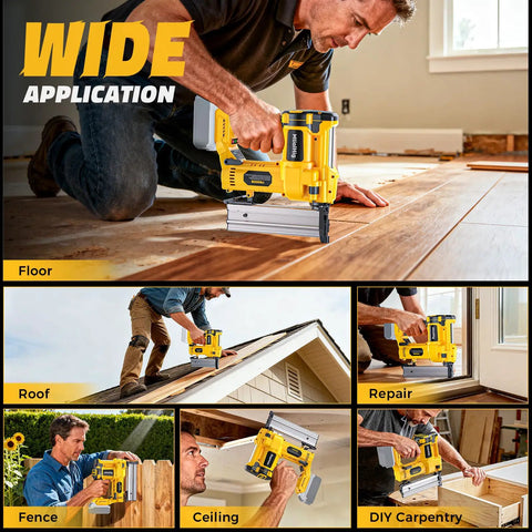 Workhorse Cordless Brad Nailer 18 Gauge 2 Inch Drive 2 In 1 Electric Staple Gun Compatible With DeWalt 20V Max Battery 7.2 Lbs in use on flooring.