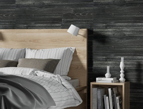Bedroom with Real Rustic Wall Planks For Interior Decor With DIY Peel And Stick Installation, rustic black wood panels behind bed