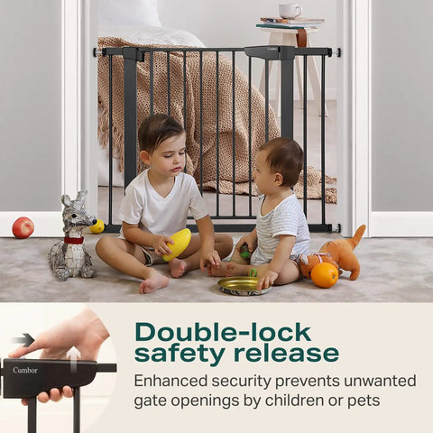 Expandable Baby Gate For Stairs And Doorways With Auto Close Pressure Mounted Pet Gate For Dogs Indoors Kid Safe Easy Walk Through Door Black Fits 29.7 To 40.6 Inches Moms Choice Awards Winner shown with two children playing