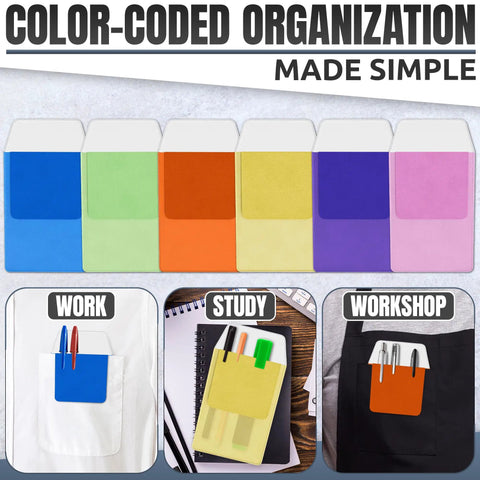 Multi Color Pocket Protectors For Pens And Pencils, Ink Leak Guard For Shirts, Lab Coats, And Pants display with examples