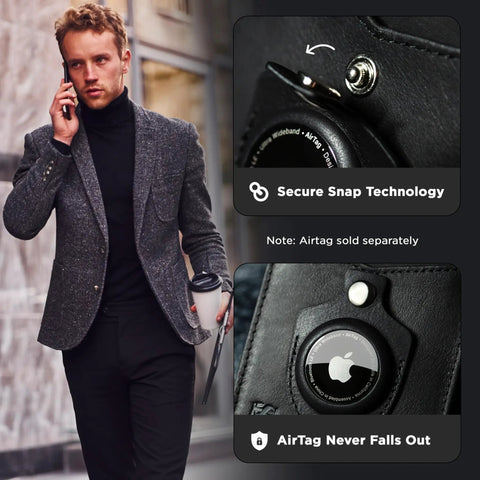 AirTag Wallet With RFID Blocking For Men Minimalist Slim Bifold Money Clip Full Grain Leather Front Pocket Card Organizer shown with snap technology and AirTag slot close-up.
