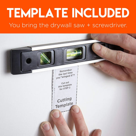 Person using level tool to align template for White In-Wall Cable Hider Kit For Single Gang Pass-Through installation.