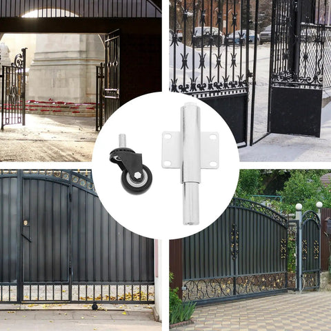 Heavy Duty Spring Loaded Gate Caster Wheel With Beefy Iron And Grippy Rubber Construction Smooth Retractable Fence Roller For Commercial And Residential Yards Quiet Shock Absorbing Action No Sweat Gate Glide Solution displayed with various gates.