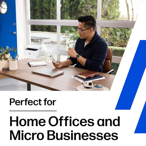 Man using Wireless Laser Printer For Small Teams With Fast Black And White Printing Scanning And Copying Easy Setup And Mobile Printing Budget Friendly Compact MFP on desk in home office