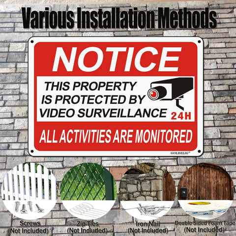 2 Pack 10x7 Inch Reflective Aluminum Video Surveillance Sign Keep Intruders Away, Weatherproof And UV Protected, Waterproof Deterrent For Homes And Businesses, 24 Hour Security Reminder, High Visibility Industrial Grade Sign mounted with screw, zip tie, nail, and tape options