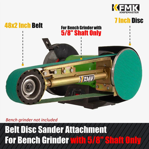 Heavy Duty Two Forty Eight Belt Grinder Attachment With Seven Inch Disc Sander Mount For Bench Grinders And Five Eighths Arbor Rugged Kit features 48x2 inch belt and 7 inch disc.
