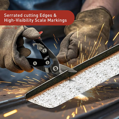 Close-up of Straight Up Heavy Duty Aviation Tin Snips Set cutting through metal with precision scale marks.
