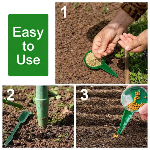 Ultra Handy 12 Hole Digger Seed Spreader Kit With 7 Piece Seed Dispenser Set for small seeds, showing tools in soil use.