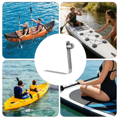 V Shape Spring Clips For Tents And Kayaks shown with various kayaks and a close-up of a 8mm steel clip, ideal for camping gear.