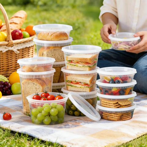 Picnic with 60 Count Deli Containers With Lids For Grab And Go Meals, 32 Oz 16 Oz 8 Oz Sets, BPA Free Plastic Storage