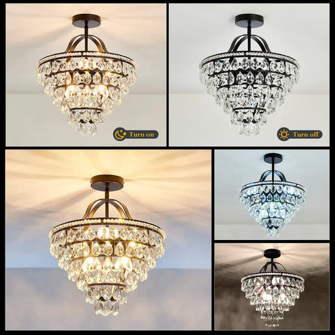 5 Light Crystal Chandelier Ceiling Light Fixture Semi Flush Mount Black Finish, E12 Indoor Lighting with Dimmable Effects
