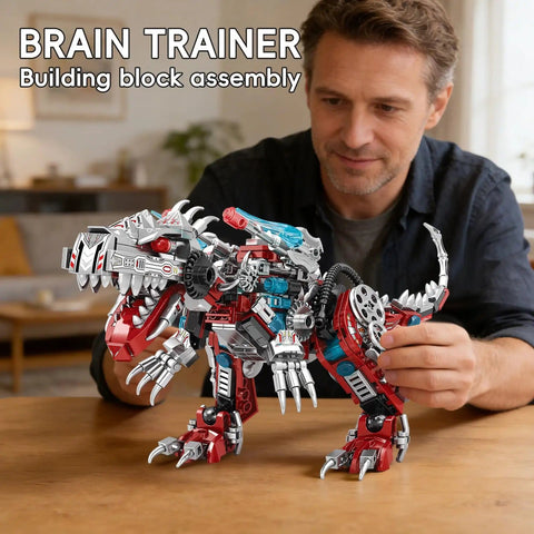 Adult assembling 2 In 1 Dinosaur Mech Building Set With 422 Pieces Transforming T Rex Robot For Adults And Teens STEM Construction Model Educational Puzzle Toy Featuring Movable Joints And Armor And 2 Way Transformations on a table.