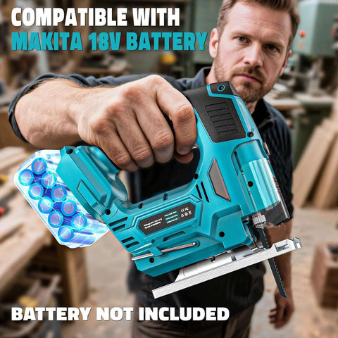 Cordless teal jigsaw with LED light, blade visible and attached battery pack, front view
