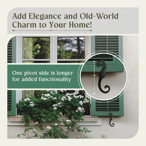 6 Pack 6.5 Inch S Style Cast Iron Shutter Dogs With Rust Resistant Powder Coated Finish mounted on green shutters