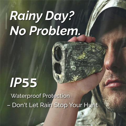 Dead On Accurate Laser Rangefinder For Hunters And Bowhunting Pros With Adaptive Red Display Swift Targeting Fast Scanning Gotta Have Gear Up To 900 Yards Field Tested, held in hand during rain.
