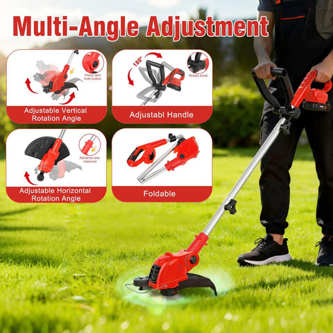21V Cordless Weed Wacker And Edger Kit with adjustable handle and foldable design displayed on grassy lawn.