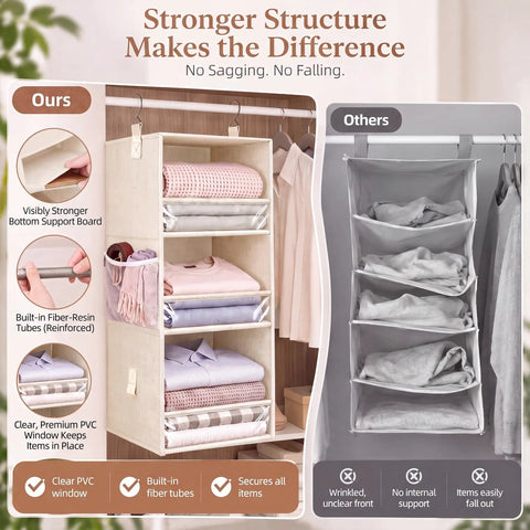 Snap Together Six Tier Hanging Closet Organizer, Collapsible Wardrobe Rack For Dorms, Beige Vertical Space Hack For Easy Heavy Duty Storage Solutions with reinforced structure.