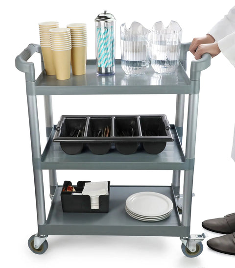 Top Notch Heavy Duty 3 Tier Plastic Utility Rolling Cart That Handles Loads Like A Champ With Secure Locking Casters And 250 Lb Capacity For Busy Kitchens Gray with drinks and supplies