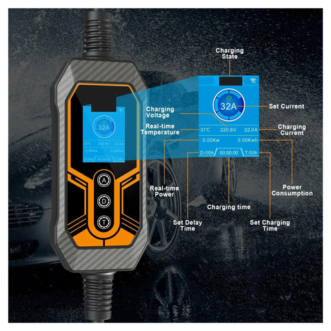 No Sweat Portable Ev Charger Type 2 32A 7KW With Smart Wifi App Control interface showing charging status and settings.