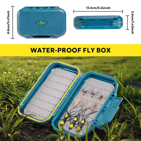 Waterproof fly box open with flies, part of 9Ft 5Wt Fly Fishing Rod Combo Starter Kit With 4 Piece Carbon Fiber Rod Semi Gloss Green Jade Finish