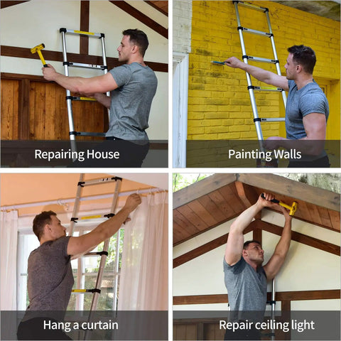 8.5Ft Telescoping Ladder Workhorse Portable Aluminum Extension Ladder With Stabilizers used indoors and outdoors