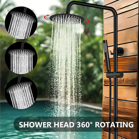 Heavy Duty Outdoor Shower Kit Including 8 Inch Rain Faceplate And Handheld Wand In Matte Black Done Right On 304 Stainless Steel For Decks Pools And Yards Rock Solid Construction With Rust Resistant Armor That Kicks Summer Heat, featuring 360° rotating shower head.