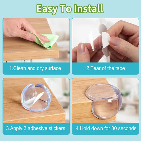 Steps to install Thickened Corner Guards For Baby Proofing Tables, 12 Pack Soft PVC Edge Protectors, showing cleaning and adhesive application.