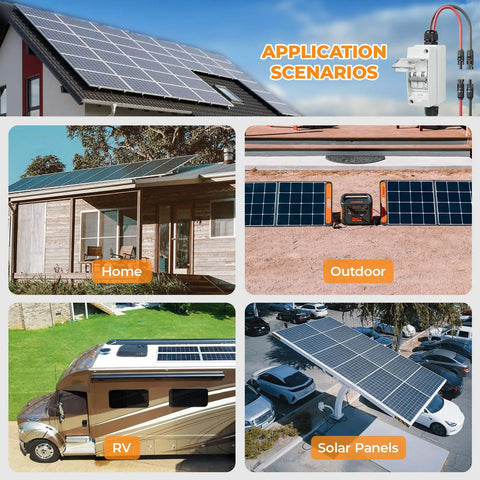 No Fuss Solar Panel Disconnect Switch 1000V 30A PV Breaker IP65 in solar application scenarios for home, RV, outdoor, and commercial use.