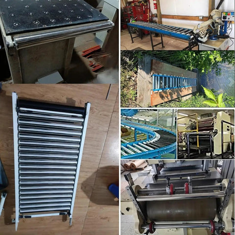 Heavy Duty Galvanized Stainless Steel Conveyor Rollers 3 Pack Industrial Grade Transfer Wheels For Factory Seamless Material Handling Systems shown in various setups.