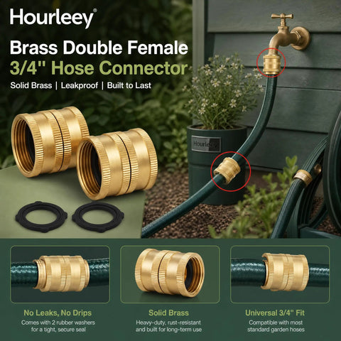 Heavy Duty 3/4 Inch Solid Brass Garden Hose Connector Set With Double Female Ends And Spare Washers, showing two brass connectors and washers.