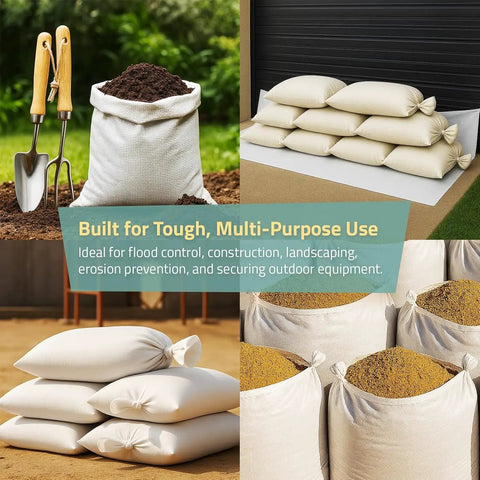 Built Like A Tank Empty Sandbags For Flood Control And Canopy Weights, Woven Polypropylene Material With Reinforced Tie Strings, Holds Fifty Pounds Each, UV Resistant Backyard Must Haves, Set Of Thirty, stacked for outdoor use.